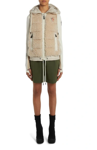 Moncler Teddy Fleece Hooded Down Vest In Natural