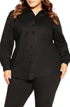 City Chic Clean Look Long Sleeve Cotton Button-up Shirt In Black