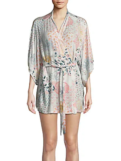 Josie Natori Tropical Print Wrap Robe In White Pink