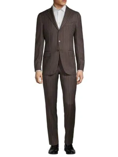 Eidos Pinstriped Wool Suit In Brown Stripe