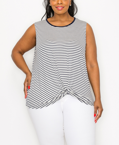 Coin 1804 Plus Size Contrast Binding Front Twist Tank Top In Ivory Navy