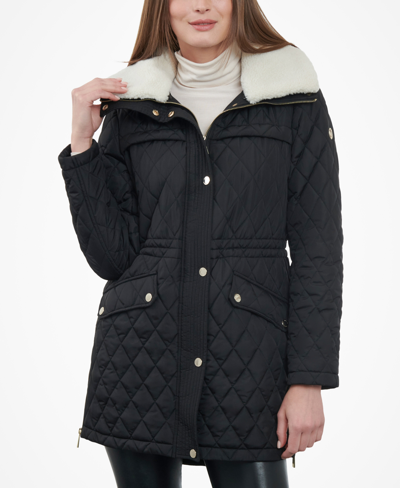 Michael Kors Michael  Women's Plus Size Faux-fur-collar Quilted Coat In Black