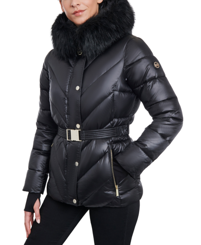 Michael Kors Women's Belted Down Chevron Scutab Stretch Quilted Faux Fur Coat Jacket In Black