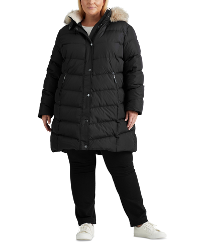 Lauren Ralph Lauren Women's Plus Size Faux-fur-trim Hooded Puffer Coat In Black