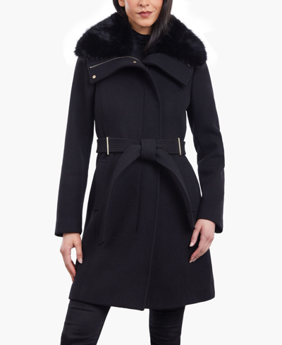 Michael Kors Michael  Women's Plus Size Belted Faux-fur-collar Coat In Black