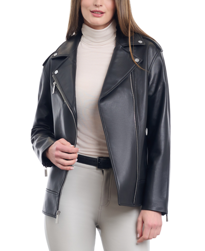 Michael Kors Michael  Women's Plus Size Oversized Leather Moto Jacket In Black