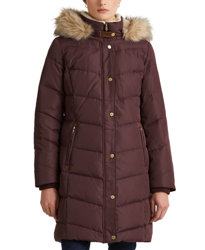 Lauren Ralph Lauren Women's Faux-fur-trim Hooded Down Puffer Coat, Created For Macy's In Vintage Burgundy