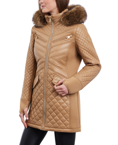 Michael Kors Michael  Women's Plus Size Faux-fur-trim Hooded Quilted Coat In Dark Camel