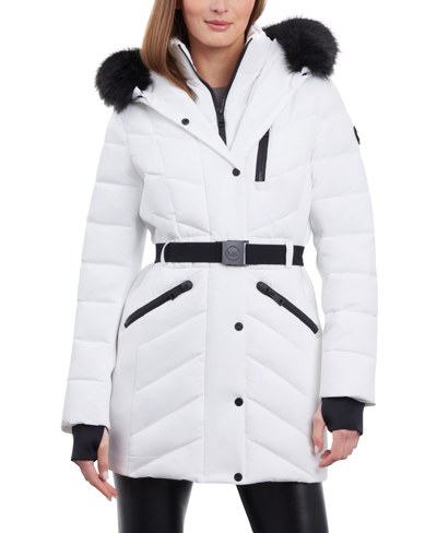 Michael Kors Michael  Women's Plus Size Belted Faux-fur-trim Hooded Puffer Coat In White