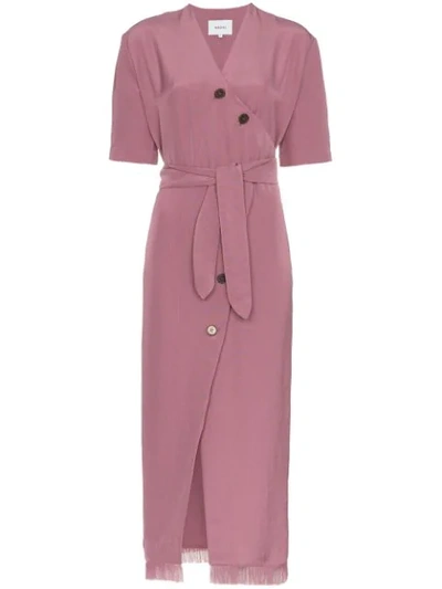 Nanushka Belted Frayed Satin-twill Midi Dress In Pink