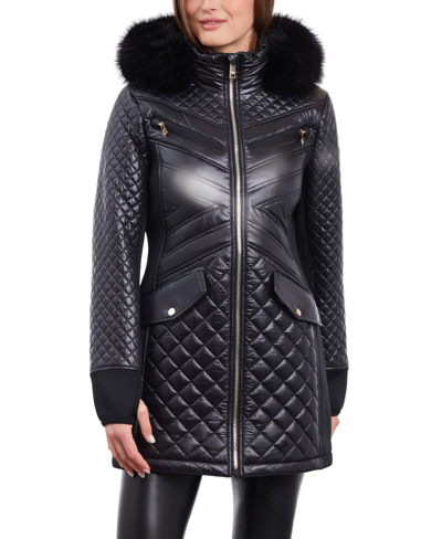 Michael Kors Michael  Women's Petite Faux-fur-trim Hooded Quilted Coat In Black