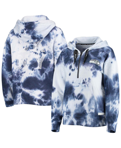 Dkny Women's White, College Navy Seattle Seahawks Dakota Oversized Tie-dye Half-zip Hoodie In White,college Navy