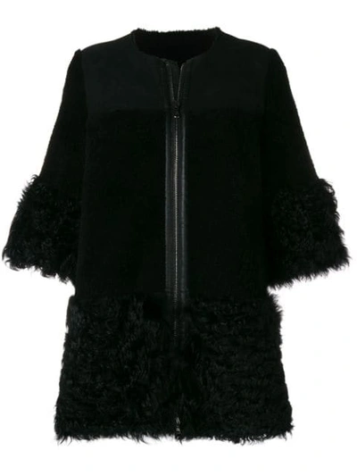 Red Valentino Collarless Shearling Coat In Black