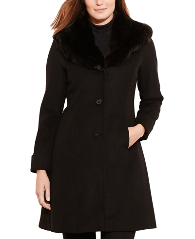 Lauren Ralph Lauren Women's Plus Size Faux-fur-trim Walker Coat In Black
