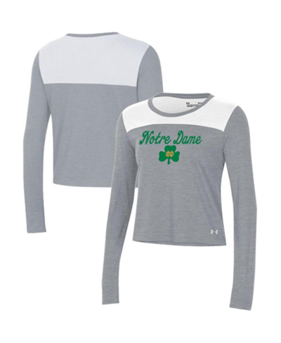 Under Armour Women's  White And Gray Notre Dame Fighting Irish Vault Cropped Long Sleeve T-shirt In Navy