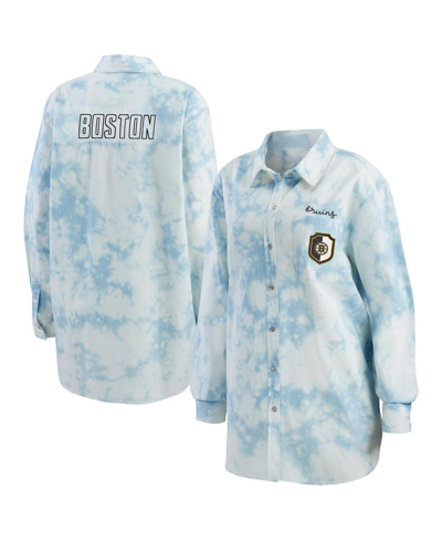 Wear By Erin Andrews Women's  White Chicago Blackhawks Oversized Tie-dye Button-up Denim Shirt