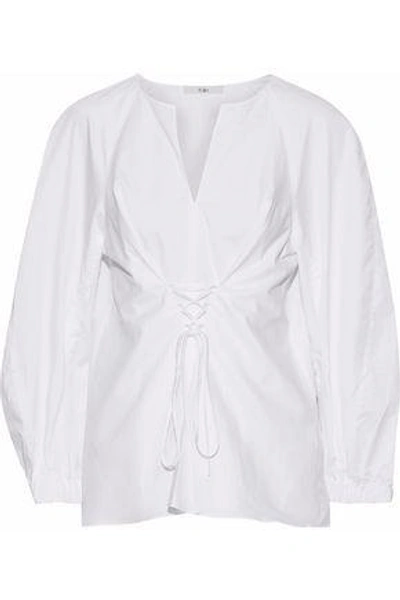 Tibi Woman Lace-up Satin-trimmed Cotton-poplin Top White