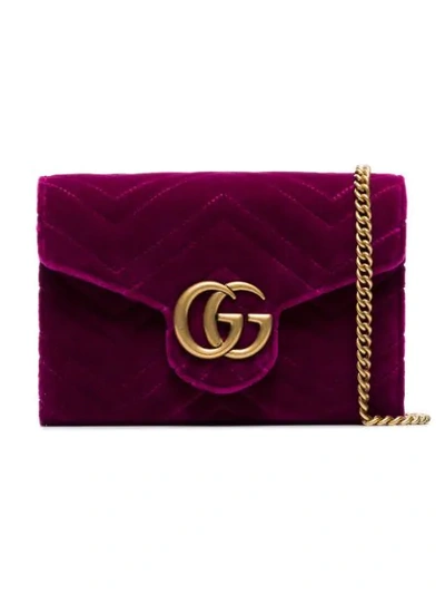 Gucci Fuchsia Gg Marmont Velvet Wallet On A Chain In Pink