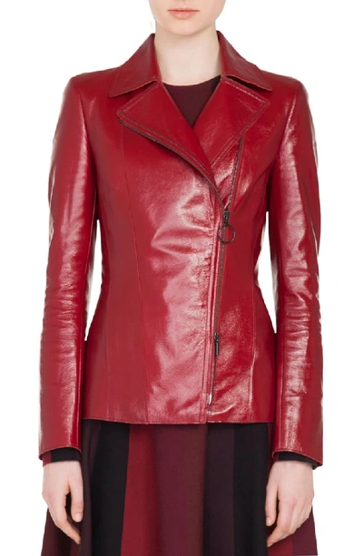 Akris Punto Zip-front Patent Leather Biker Jacket In Ruby