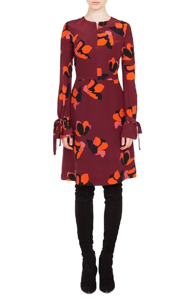 Akris Punto Round-neck Long-sleeve A-line Ruched-cuff Anemone-print Silk Dress In Multi
