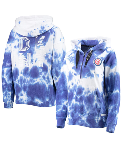 Dkny Women's White And Royal Chicago Cubs Dakota Tie-dye Half-zip Hoodie In White,royal