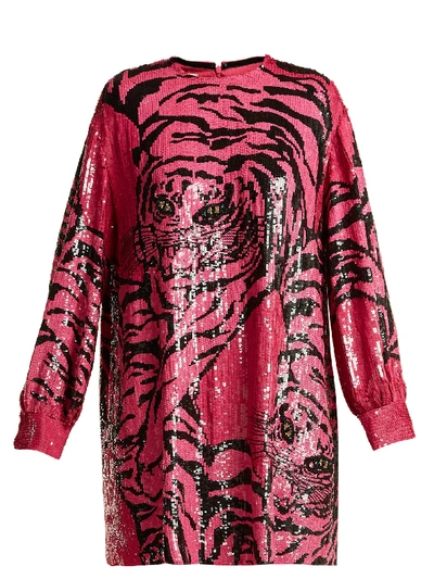Valentino Long-sleeve Sequin Tiger-embroidery Mini Cocktail Dress In Pink Print