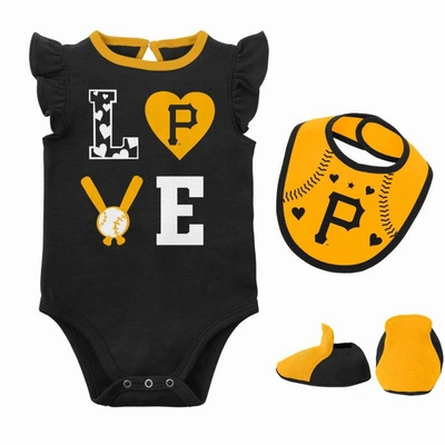 Outerstuff Babies' Newborn & Infant Black/gold Pittsburgh Pirates Three-piece Love Of Baseball Bib Bodysuit & Booties S In Black,gold