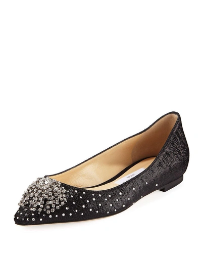 Jimmy Choo Joan Wet-look Fabric Flat With Firework Crystal, Black