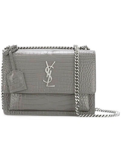 Saint Laurent 'medium Monogram Sunset' Croc Embossed Leather Shoulder Bag In Grey