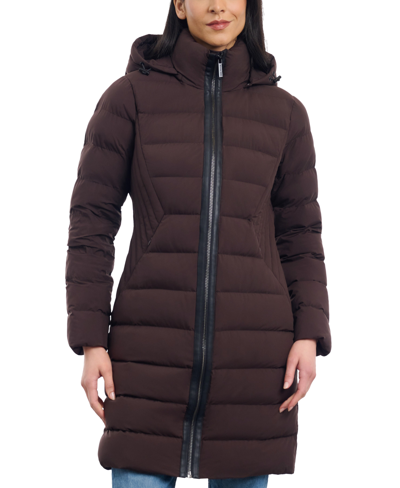 Michael Kors Michael  Women's Hooded Faux-leather-trim Puffer Coat In Chocolate