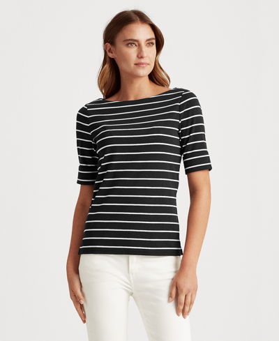 Lauren Ralph Lauren Plus Size Striped Cotton Boatneck T-shirt In Polo Black,white