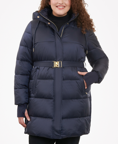 Michael Kors Michael  Women's Plus Size Hooded Belted Puffer Coat In Luggage