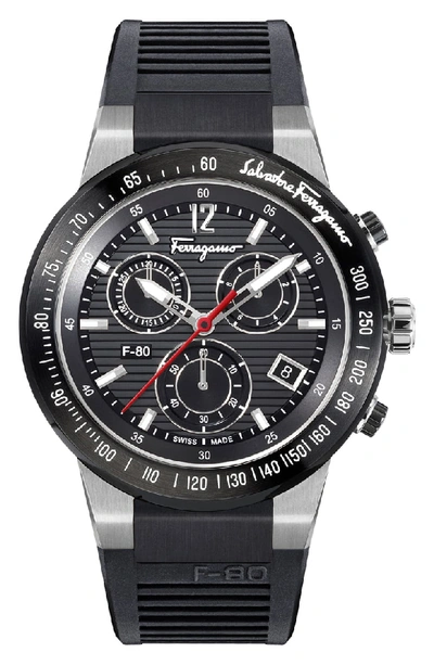 Ferragamo F-80 Chronograph Rubber Strap Watch, 44mm In Black/ Silver