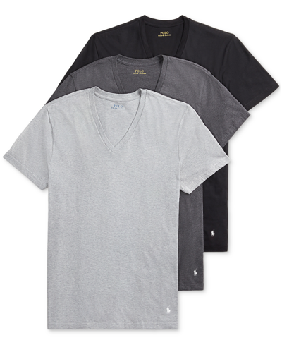 Polo Ralph Lauren Men's 3-pk. Slim-fit Stretch V-neck Undershirts In Black,grey Multi