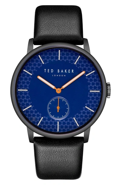 Ted Baker James Leather Strap Watch, 43mm In Blue/ Black