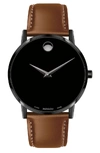 Movado Men's 40mm Ultra Slim Pvd Watch With Leather Strap & Black Museum Dial In Cognac/ Black