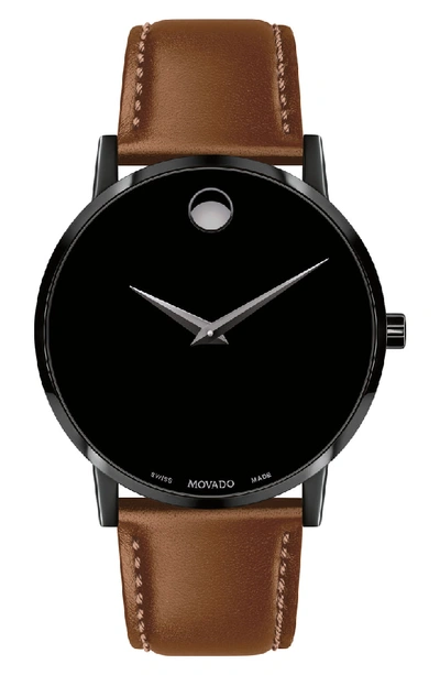 Movado Men's 40mm Ultra Slim Pvd Watch With Leather Strap & Black Museum Dial In Cognac/ Black