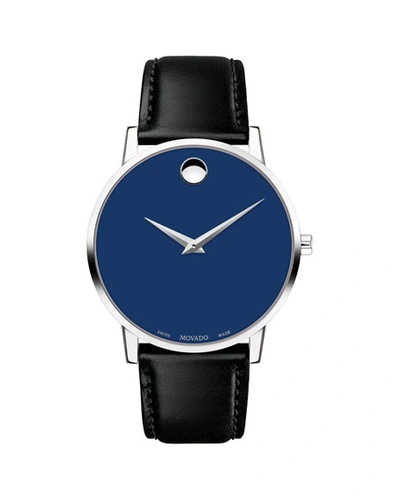 Movado Men's 40mm Ultra Slim Watch With Leather Strap Blue Museum Dial In Black / Blue