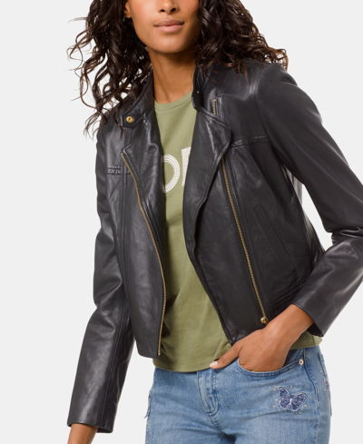 Michael Kors Michael  Plus Size Leather Moto Jacket In Black/gold