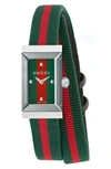 Gucci G-frame Rectangular Nylon Strap Watch, 14mm X 25mm In Green/ Red/ Green