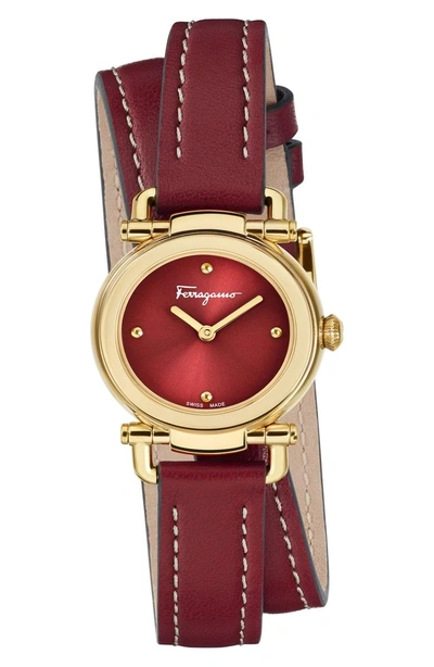 Ferragamo Gancino Casual Red Leather Watch, 26mm In Red/ Gold