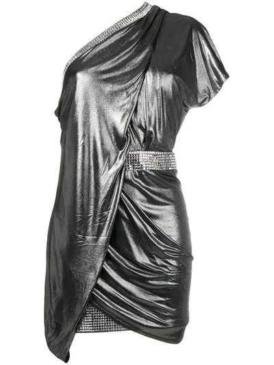 Balmain Short Asymmetric Draped Foil Dress In Silver