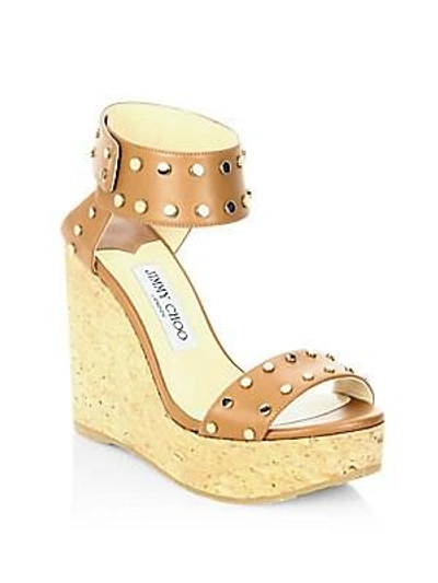 Jimmy Choo Nellie Studded Leather Cork Wedge Sandals In Canyon
