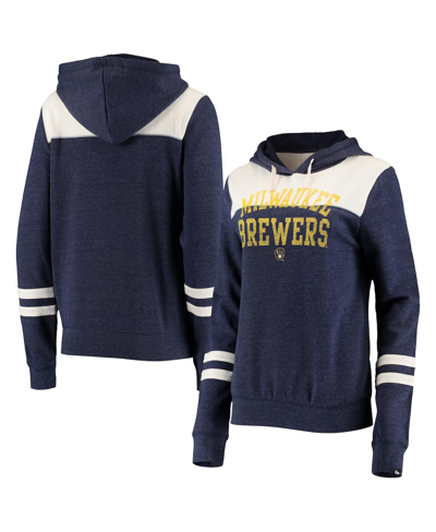 New Era Women's  Heathered Navy And White Milwaukee Brewers Colorblock Tri-blend Pullover Hoodie In Heathered Navy,white