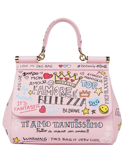 Dolce & Gabbana Sicily Shoulder Bag In Small Leather With Murales Print In Pink