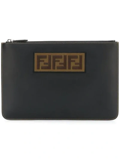 Fendi Calfskin Pouch With Ff Embroidery In Black,brown