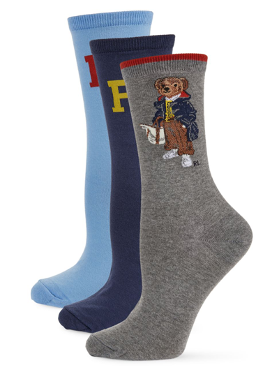 Polo Ralph Lauren Women's 3-pk. Fall Bear Crew Socks Boxed Set In Assorted