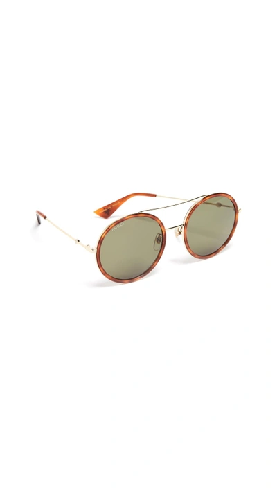 Gucci Urban Web Block Round Sunglasses In Gold/havana With Green Lens
