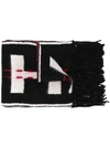 Off-white Fringed Logo Intarsia Wool Knit Scarf In Black