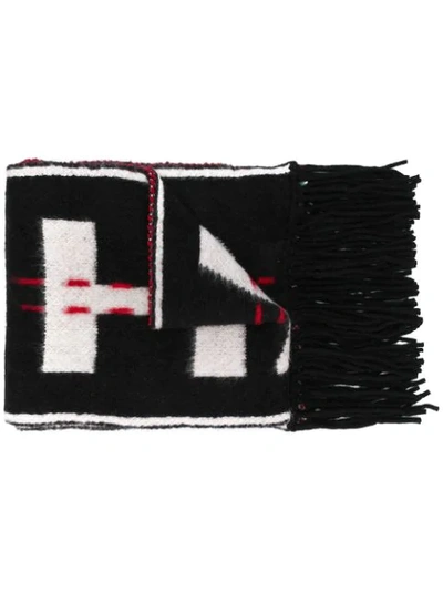 Off-white Fringed Logo Intarsia Wool Knit Scarf In Black